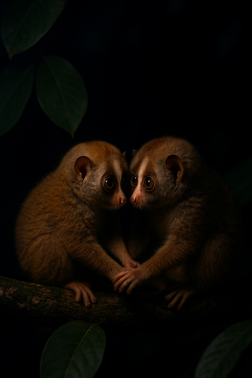 두 마리의 슬로로리스가 서로를 의지하며 눈빛으로 말한다
