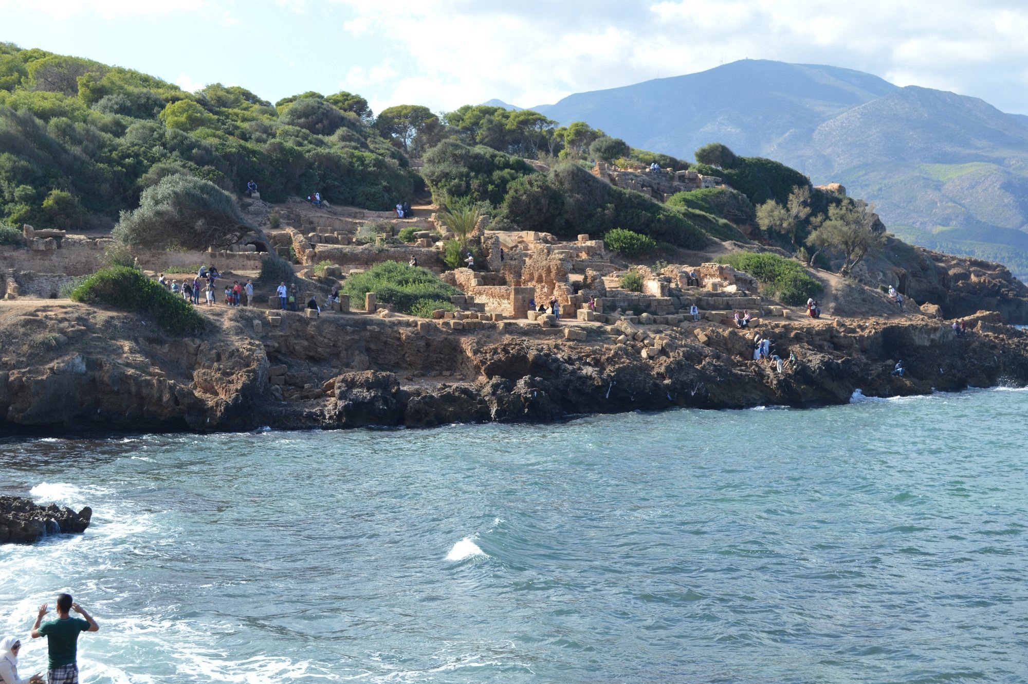 알제리 북부 지중해 연안의 고대 도시 티파사의 해안 유적지 전경. 바위 해안선을 따라 산비탈에 걸쳐 고대 로마 시대의 유적들이 흩어져 있고, 곳곳에 관광객들이 유적을 둘러보고 있다. 배경에는 푸른 산과 숲이 어우러져 있으며, 바다 위로 부서지는 파도가 평화로운 분위기를 자아낸다.