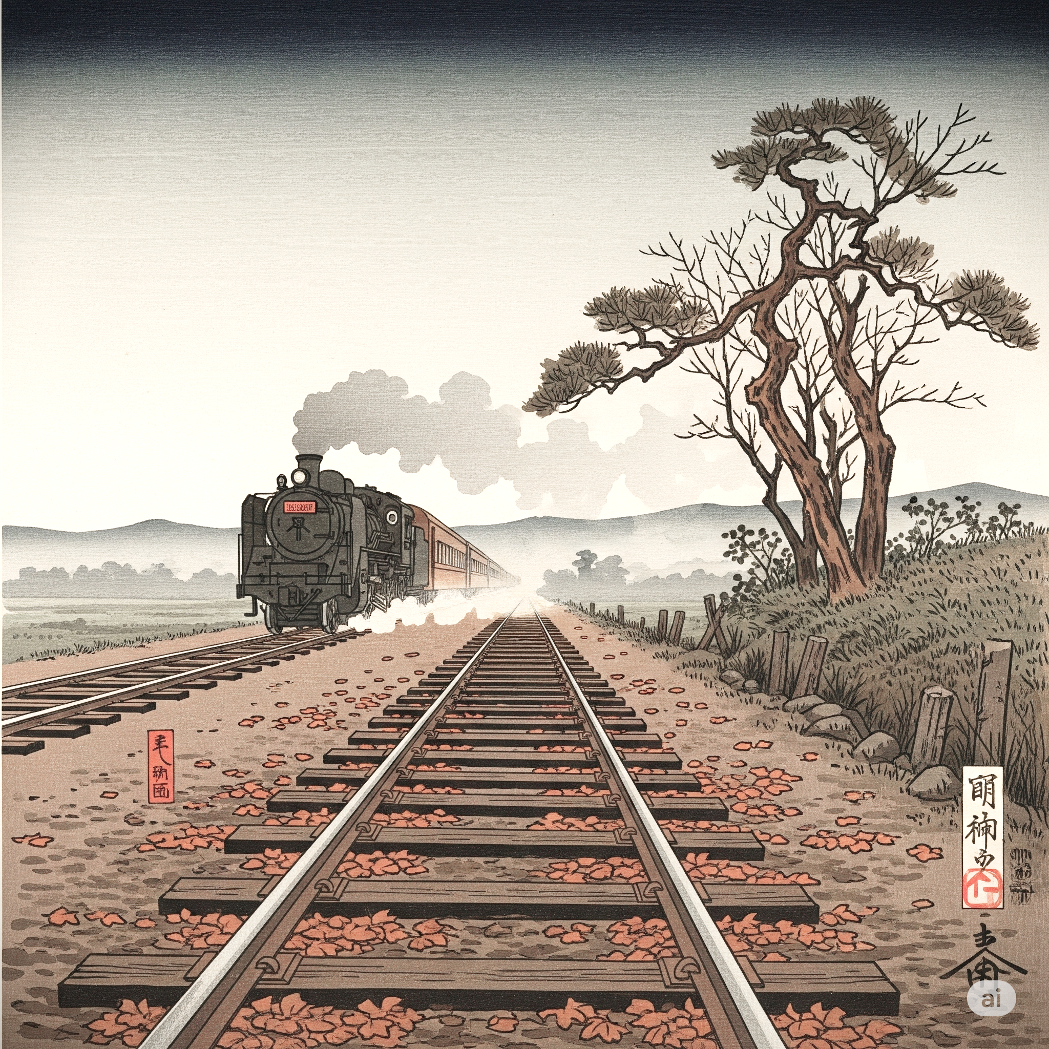 가을날 철길을 지나는 기차