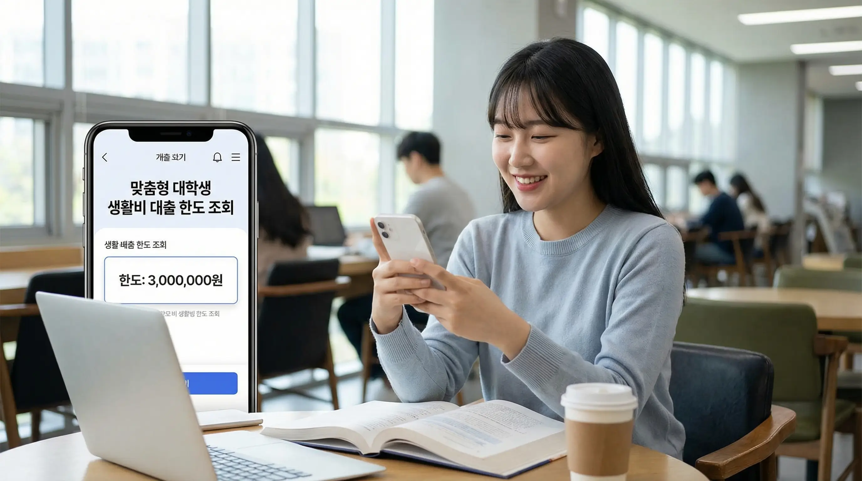 스마트폰 앱으로 맞춤형 대학생 생활비 대출 한도를 간편하게 조회하고 학업에 집중하는 안도하는 모습
