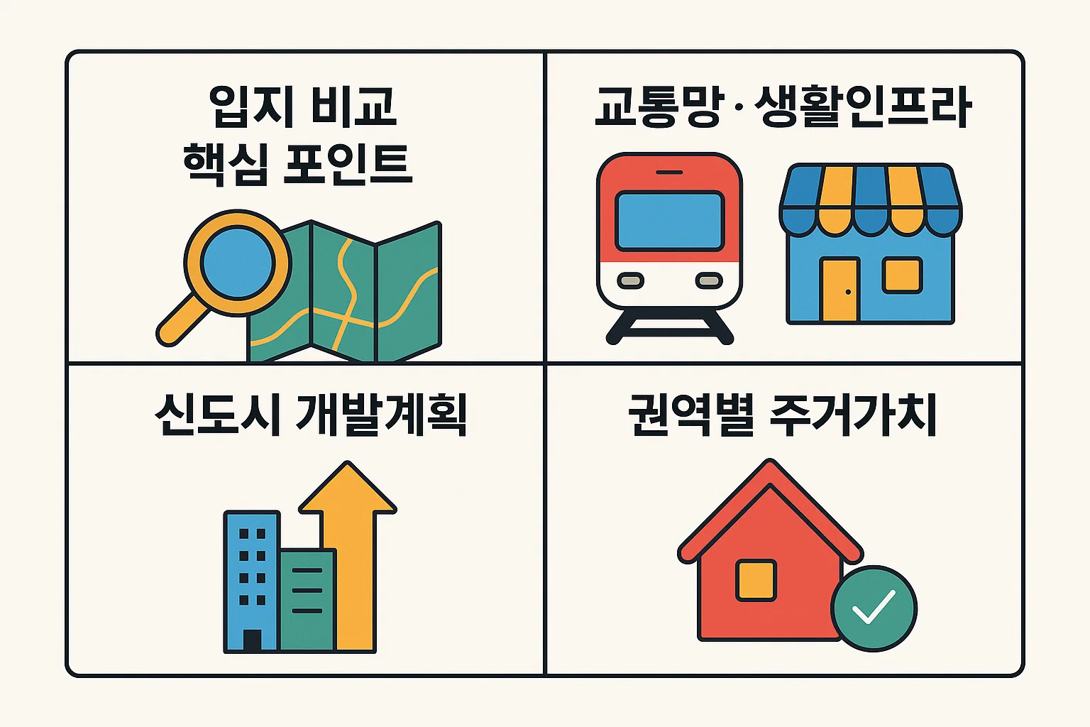 입지 비교 핵심 포인트, 교통망&middot;생활인프라, 신도시 개발계획, 권역별 주거가치 등 지역별 투자 포인트를 정리한 인포그래픽.