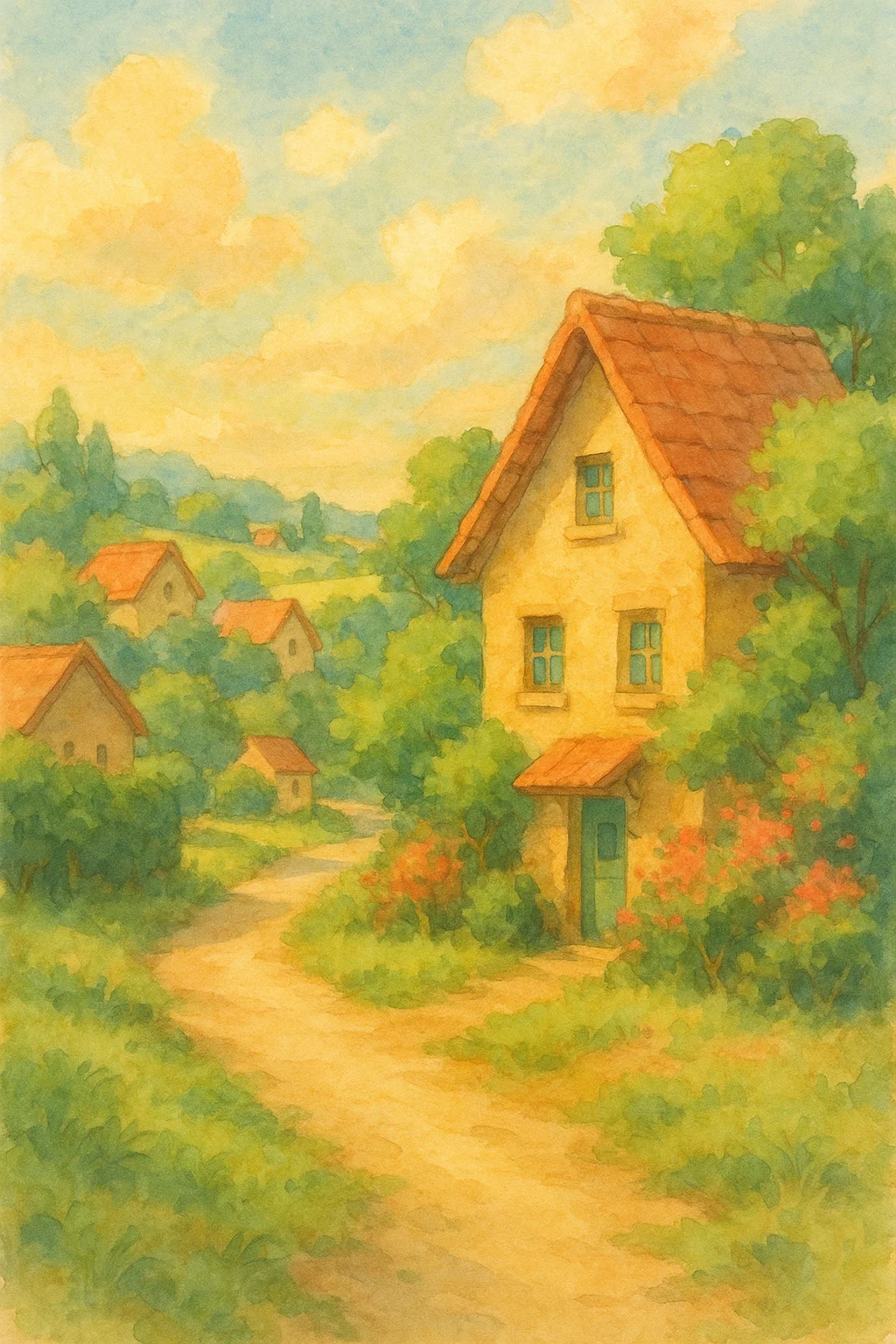 챗GPT 5 이미지, 따뜻한 햇살이 비치는 시골 마을, 부드러운 수채화 질감, 지브리 애니메이션 스타일, 평화롭고 감성적인 색감