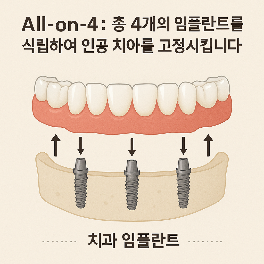 All-on-X 고정 보철과 가철성 틀니의 차이를 단순 비교한 도식