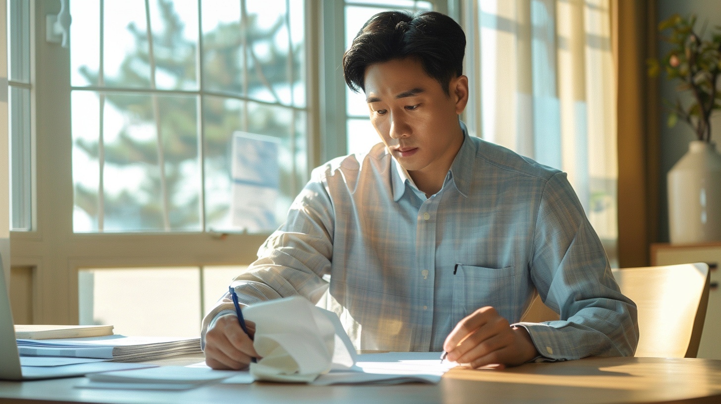 서류를 보며 산재신청 준비하는 직장인 사진