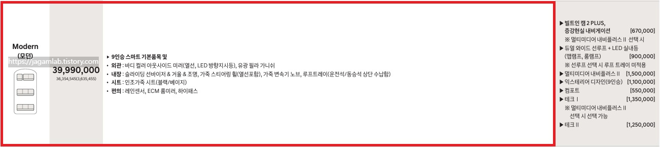 더 뉴 스타리아 하이브리드 투어러 9인승 모던 가격표