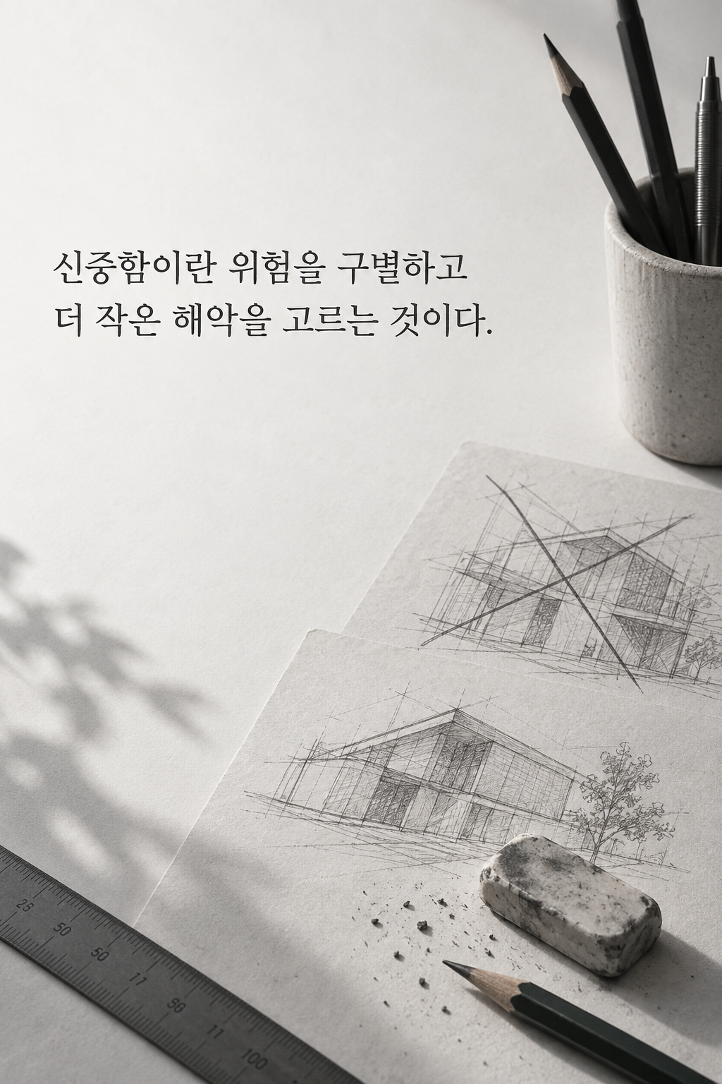신중함이란 위험을 구별하고 더 작은 해악을 고르는 것이다. 문구가 담긴 세로형 이미지