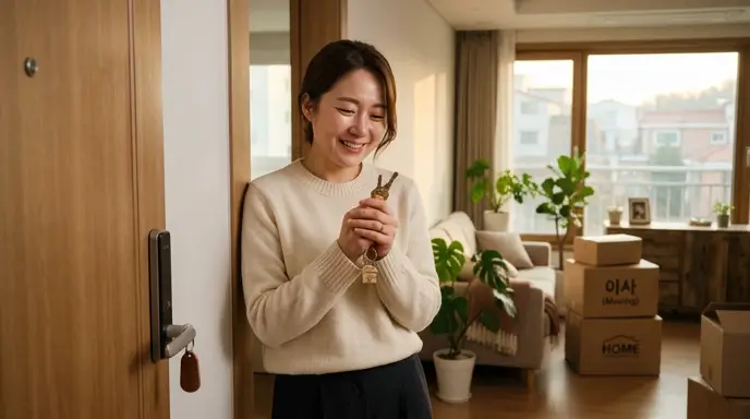 열쇠를 쥐고 안도하며 내 집 마련에 성공한 평온한 분위기