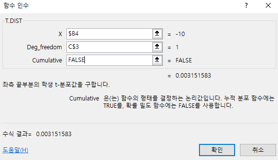 t-분포 함수 T.DIST 함수 도움말