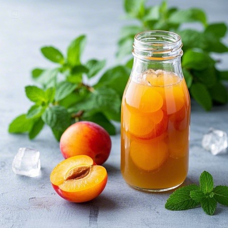 투명한 유리병에 담긴 황금빛 매실청과 신선한 매실이 함께 놓인 모습, 배경에는 여름철 시원함을 연상시키는 민트잎과 얼음이 있는 깔끔하고 밝은 톤의 사진