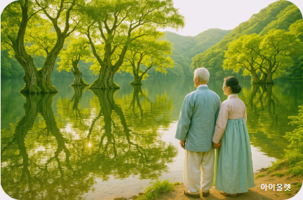 아름다운 주산지 호수를 바라보는 노부부