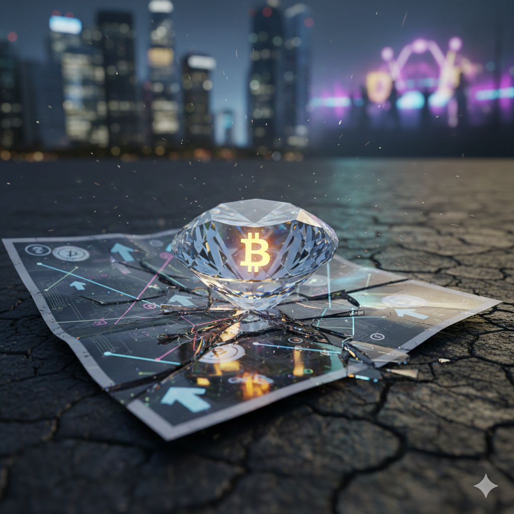 가뭄으로 갈라진 메마른 땅 위에 비트코인 로고가 황금빛으로 빛나는 커다란 다이아몬드가 놓여 있습니다. 다이아몬드 아래에는 화살표와 그래프가 그려진 차트 종이가 깔려 있으며, 그 위로 미세한 파편들이 튀어 오르고 있습니다. 배경에는 불이 켜진 현대적인 도시의 마천루와 화려한 레이브 파티를 연상시키는 보랏빛과 푸른빛의 네온 조명이 흐릿하게 보입니다.