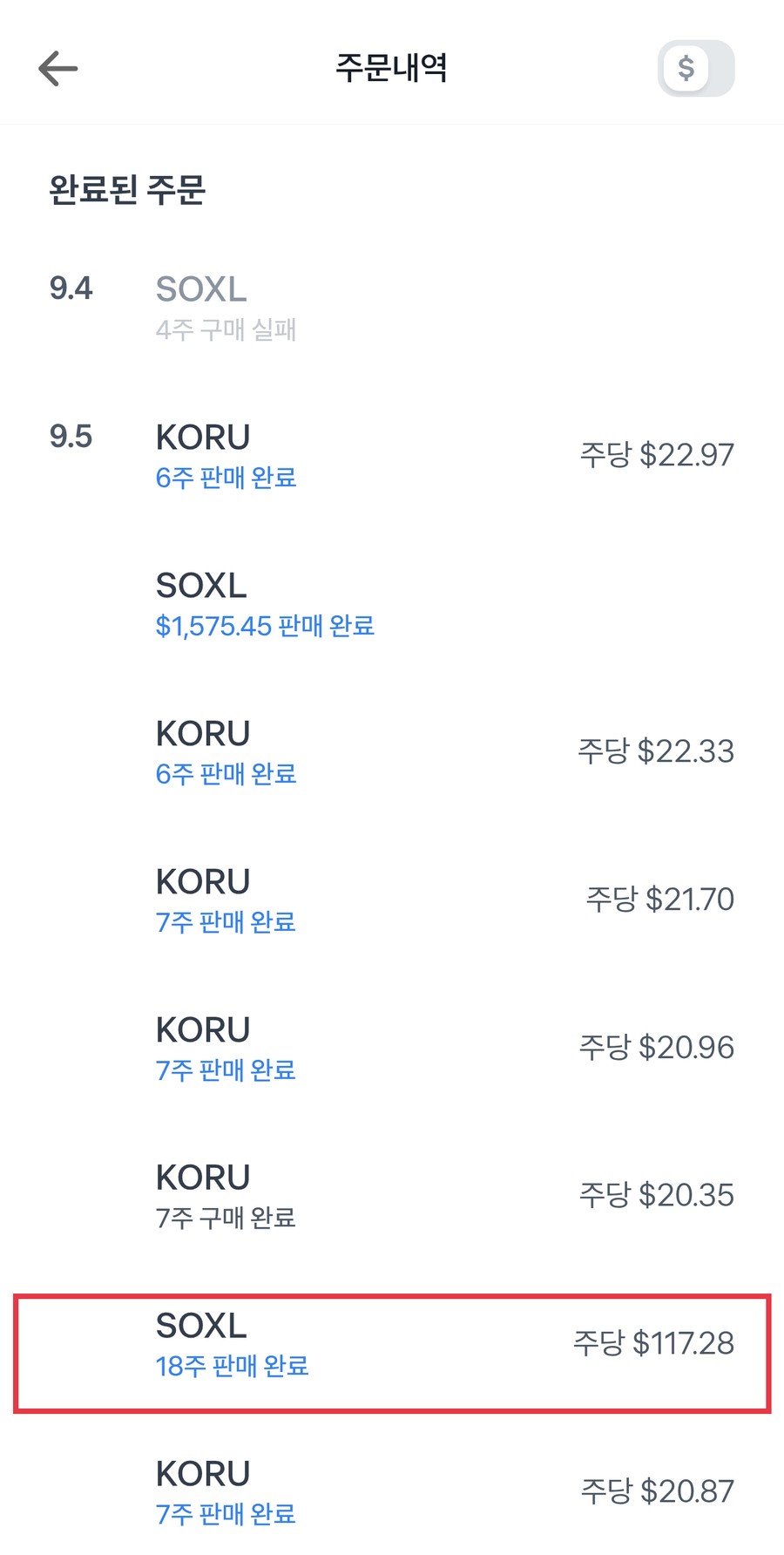 9월 4일 토스 주문내역 원본. KORU 주문 사이에 SOXL 18주 판매 완료가 있다