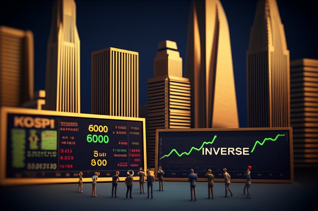 코스피 6000선 상승장 속 곱버스에 베팅하는 개미 투자자들의 금융 디오라마, 미니어처 디오라마 스타일, 틸트시프트 효과