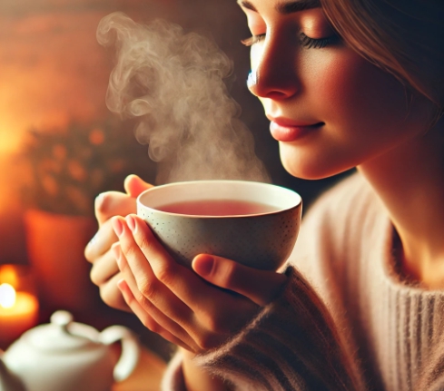 불면증을 극복하기 위해 불면증에 좋은 차를 마시는 여자