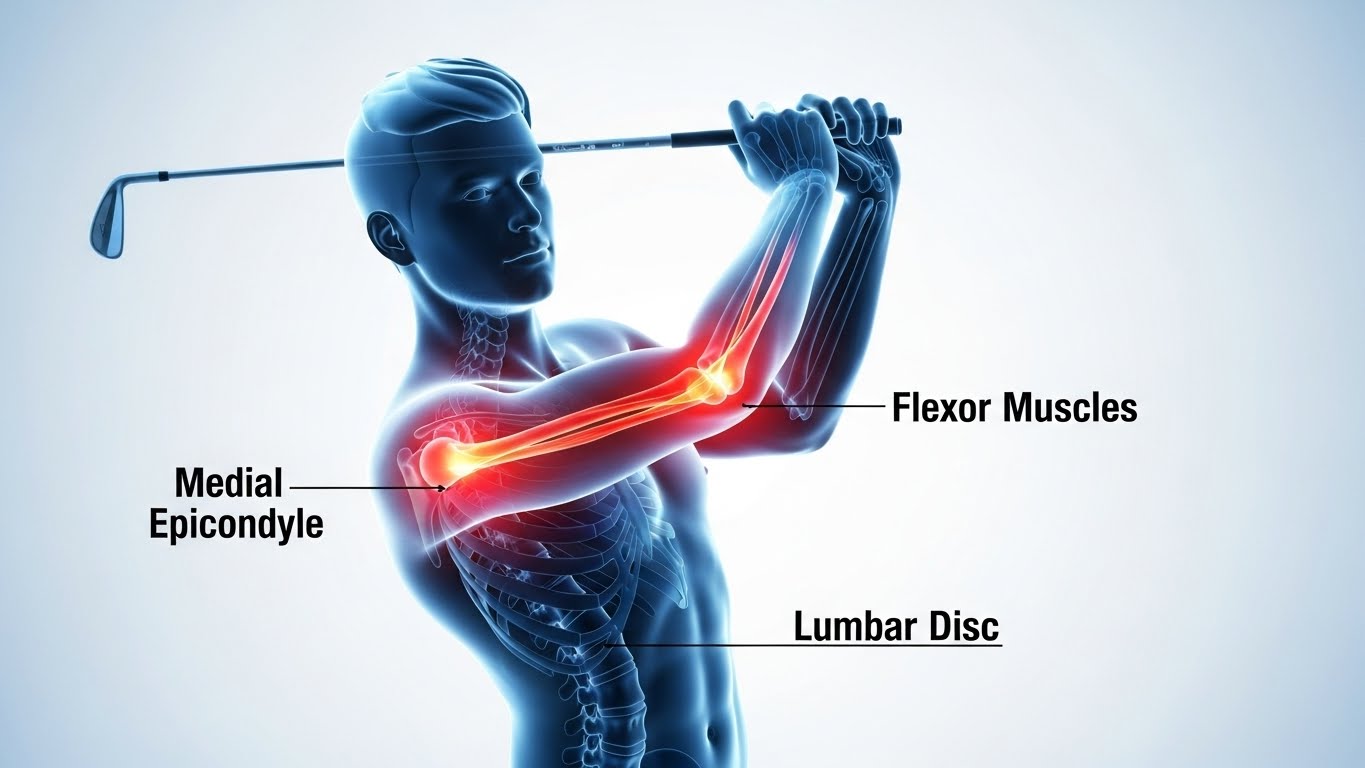 골프 스윙 시 발생하는 골프 엘보와 허리 디스크 통증 부위 해부학적 분석 일러스트