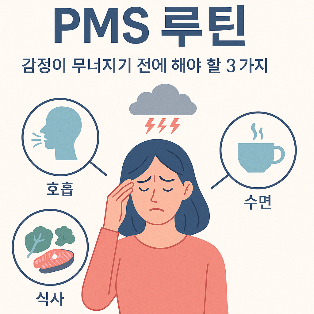 감정 기복을 겪는 여성이 이마를 짚고 있으며, 호흡, 식사, 수면 루틴 아이콘이 함께 배치된 PMS 루틴 안내 일러스트 이미지