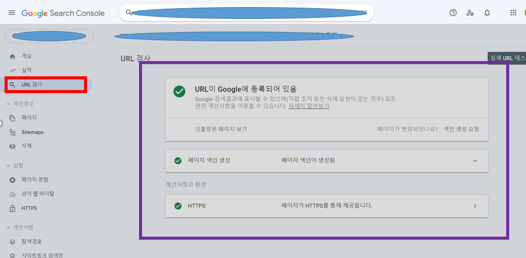 구글 서치 콘솔 URL이 Google에 등록되어 있음
