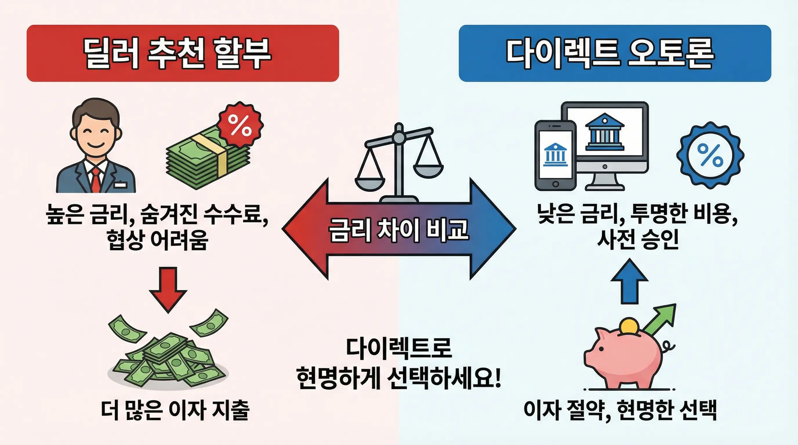 자동차 구매 시 딜러 추천 할부와 다이렉트 오토론의 금리 차이를 비교하여 현명한 선택을 돕는 인포그래픽