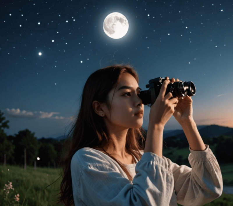밤하늘에 달이 떠있고 여자가 사진을 찍고 있는 그림