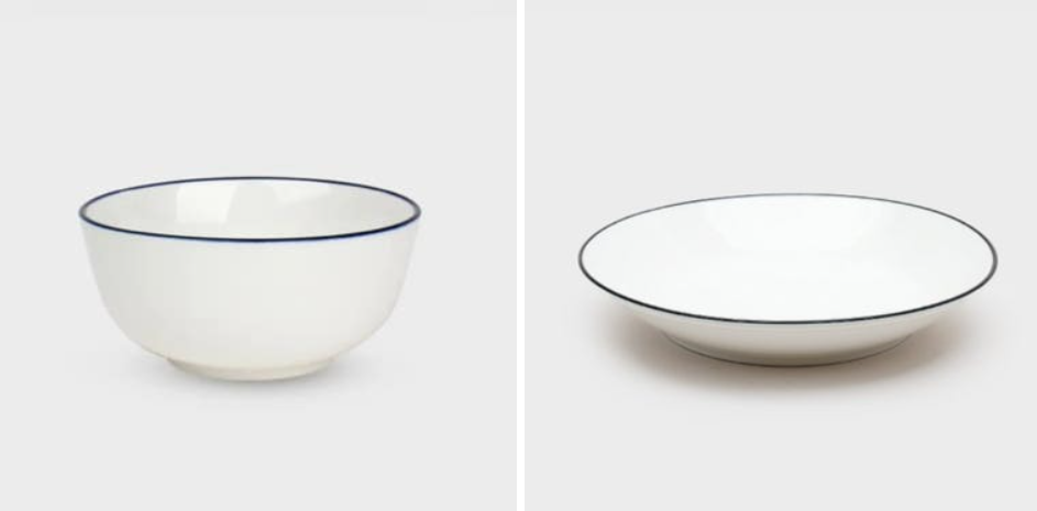 다이소의 베이직 뉴본 라인, 푸른 테두리 포인트의 흰색 그릇과 접시 세트