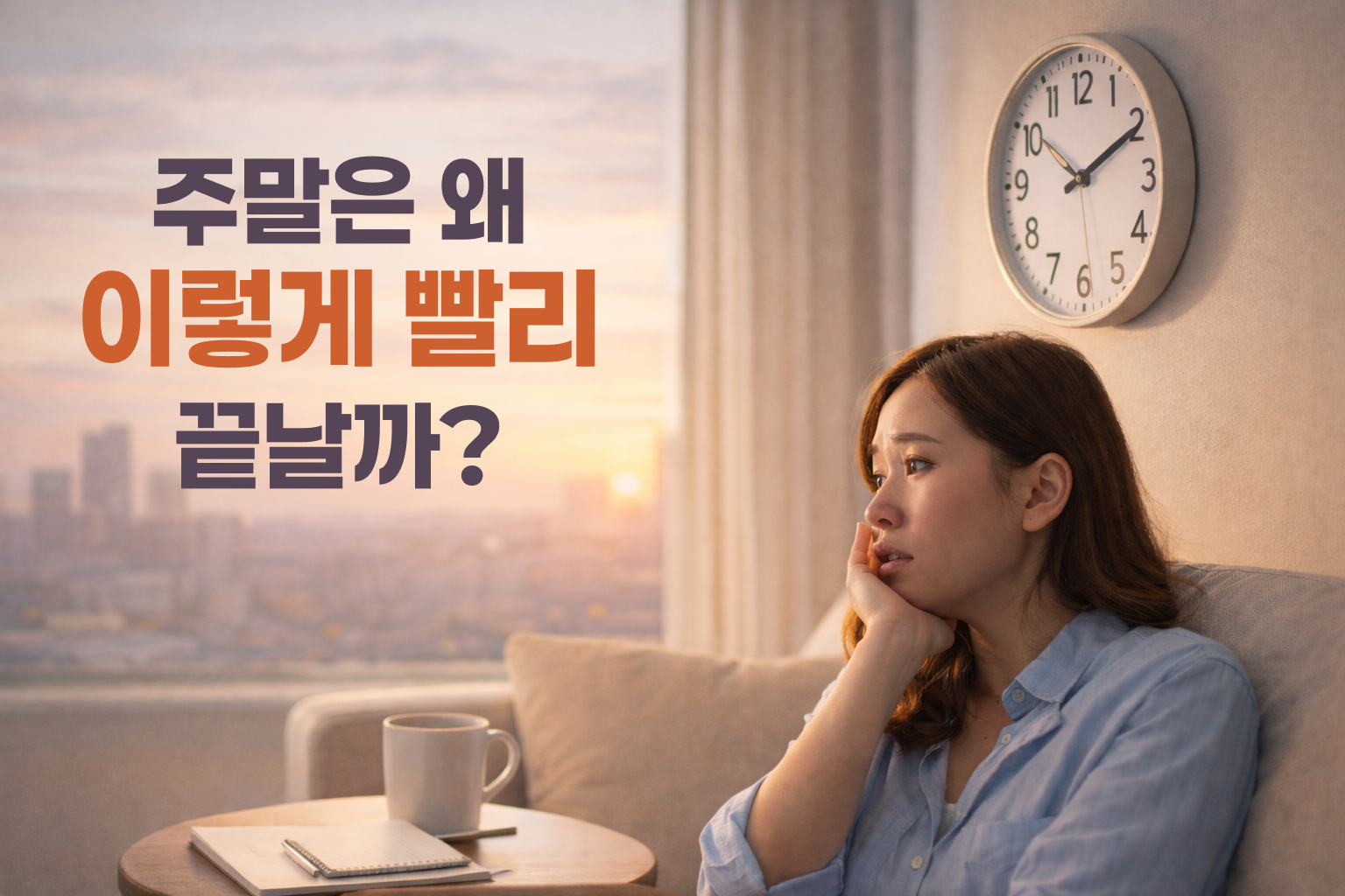 주말 저녁, 소파에 앉아 창밖을 바라보며 휴식을 취하는 여성의 일상적인 순간