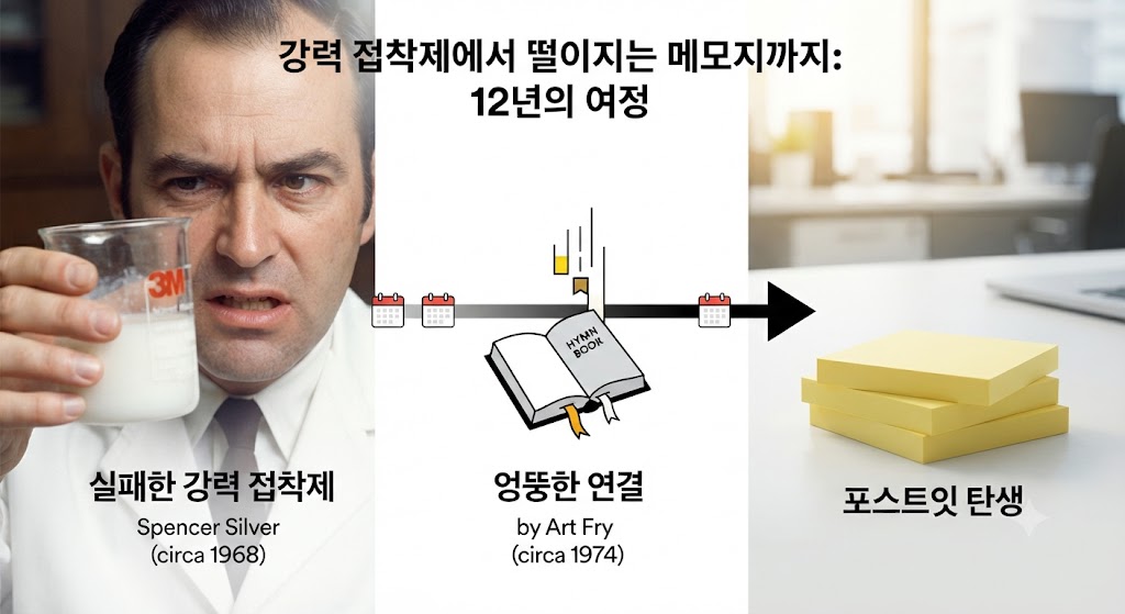 포스트잇의 탄생 과정을 보여주는 실사 기반 인포그래픽입니다. 1968년 스펜서 실버가 강력 접착제 개발에 '실패'하여 얻은 '약한 점착제' 비커를 클로즈업하고, 시간의 흐름(화살표)을 따라 1974년 아트 프라이가 책갈피 아이디어와 연결하는 장면을 직관적인 아이콘으로 구성했습니다. 마지막에는 노란색 포스트잇 뭉치가 사무실 책상 위에 놓인 완성된 이미지를 배치했습니다.