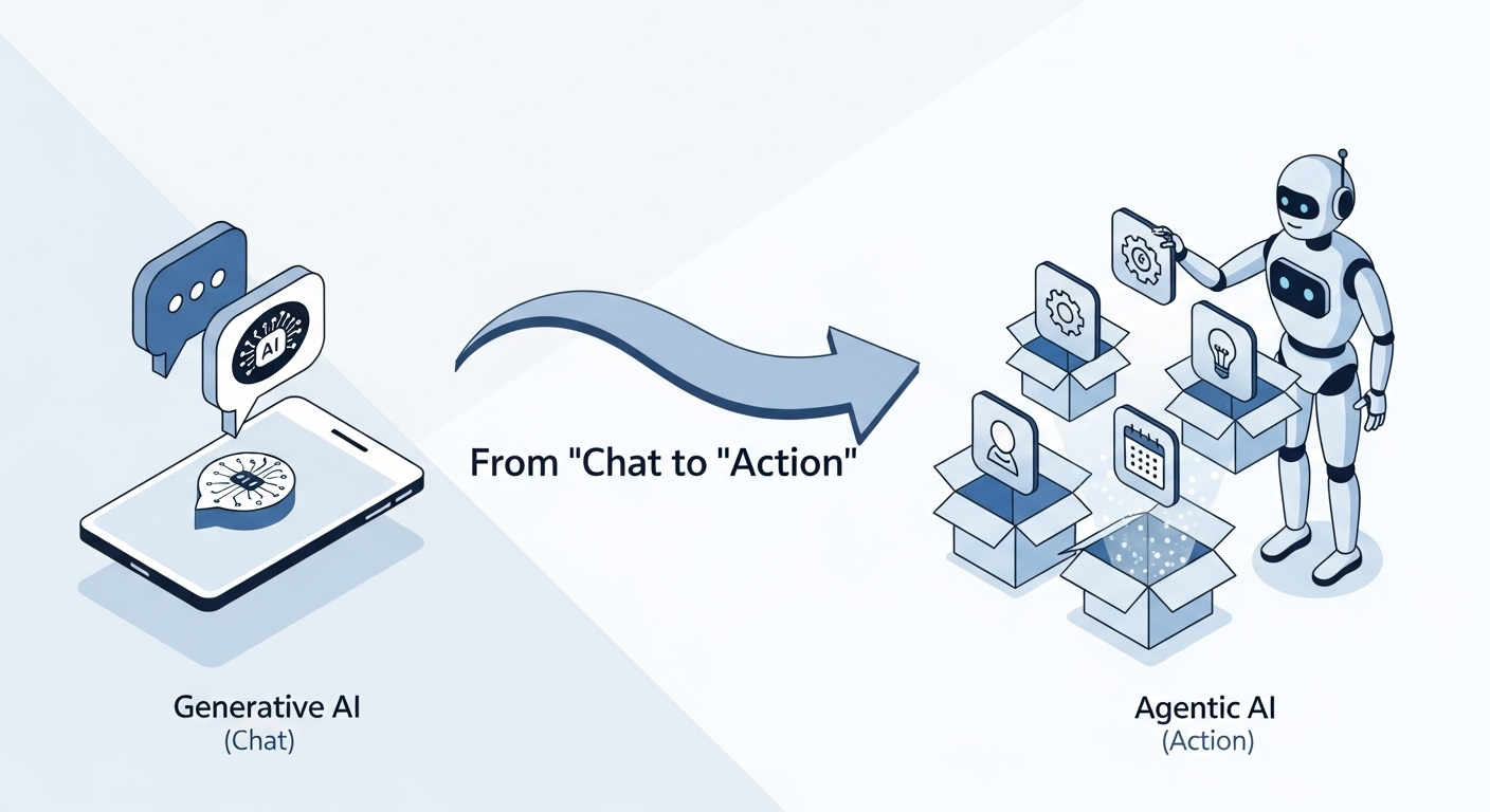생성형 AI(대화)에서 에이전트 AI(행동)로의 기술 진화를 보여주는 비교 일러스트