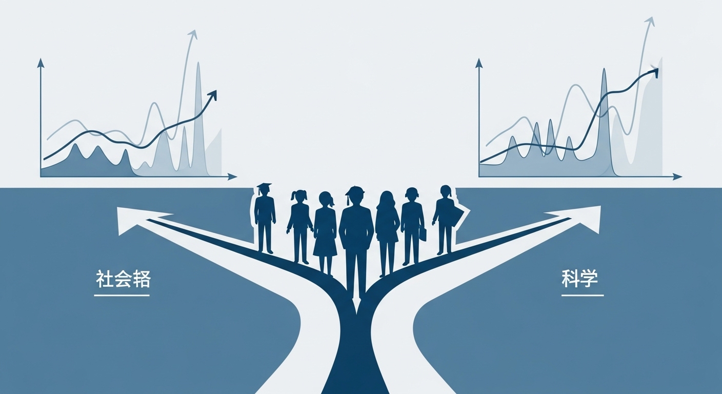 사회탐구와 과학탐구 선택에 따른 표준점수 변화를 보여주는 시각화된 그래프와 갈림길에 선 수험생의 모습.