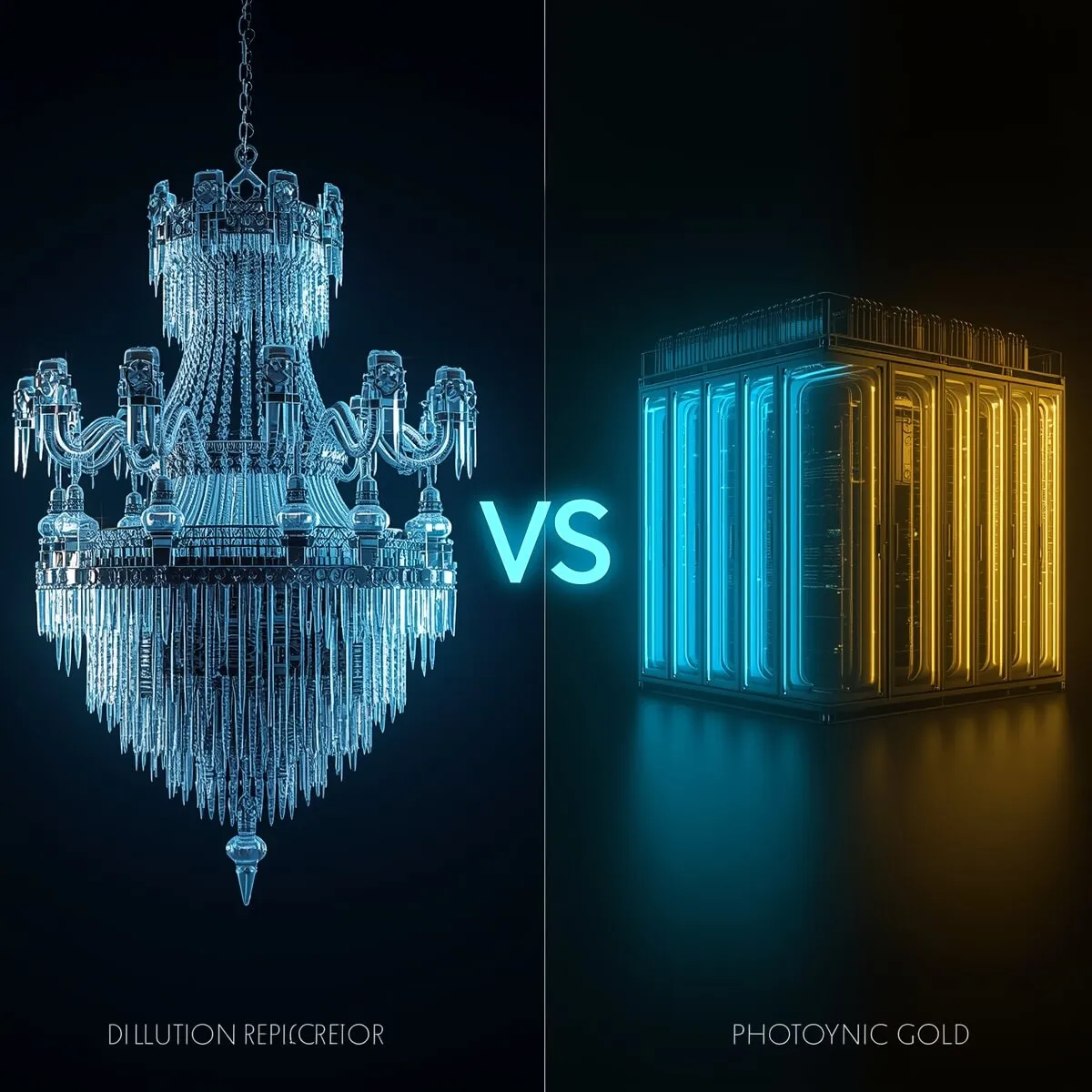 사이퀀텀(PsiQuantum): 초전도 큐비트(왼쪽)와 사이퀀텀 광자 큐비트(오른쪽)의 냉각 시스템 비교 인포그래픽. 왼쪽은 10밀리켈빈의 극저온이 필요한 샹들리에형 희석 냉동기로 확장성에 한계가 있으며, 오른쪽은 4켈빈에서 작동하는 사이퀀텀의 서버랙형 냉각 시스템으로 수천 배 높은 냉각 용량과 확장 가능성을 보여줌 (superconducting qubit dilution refrigerator 10mK vs PsiQuantum photonic qubit 4K cooling scalability)