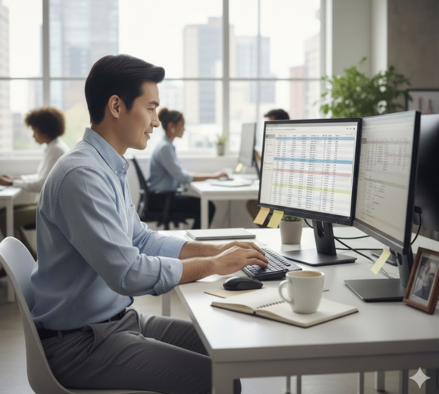 모니터를 보며 일하는 남성 이미지