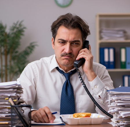 사무실에서 수화기를 붙들고 인상을 쓰고 있는 남자