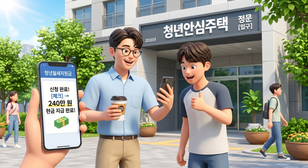청년월세 지원금 혜택을 알려주는 모습을 재현한 캐릭터 이미지