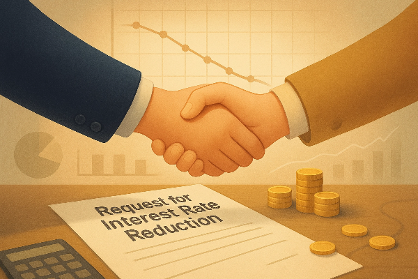 서류 위에서 악수하며 대출 이자 절감 합의를 표현하는 따뜻한 일러스트