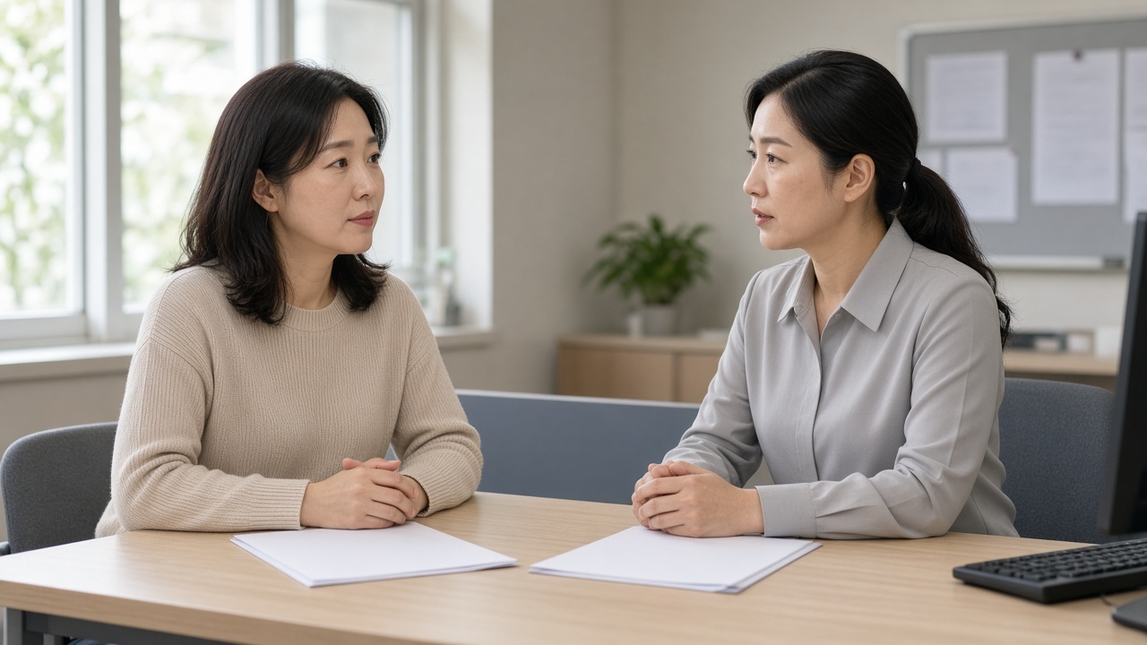 고용센터 상담 창구에서 훈련 상담을 받는 30대 한국인 여성