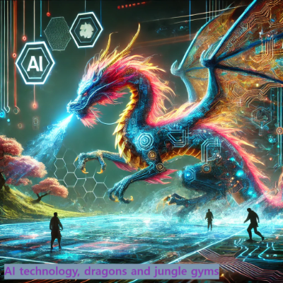 AI 기술과 정글 환경이 생략된 이미지. 거대한 디지털 드래곤이 정글이고 특이하며, 인간과 기술이 조화를 이루는 모양을 자연적으로 표현했습니다. AI의 확장과 결합을 제한적인 구성입니다.
