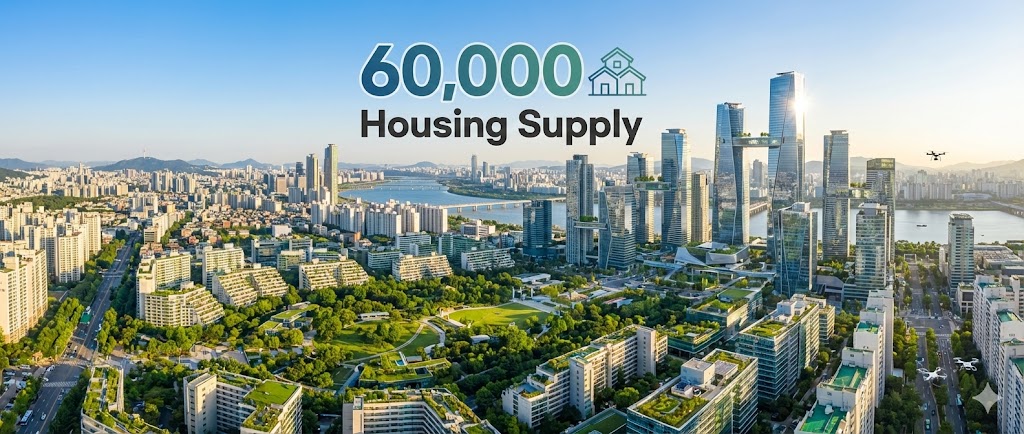 푸른 숲의 서리풀 지구와 현대적인 용산 국제업무지구가 조화롭게 배치된 서울 도심 전경 조감도