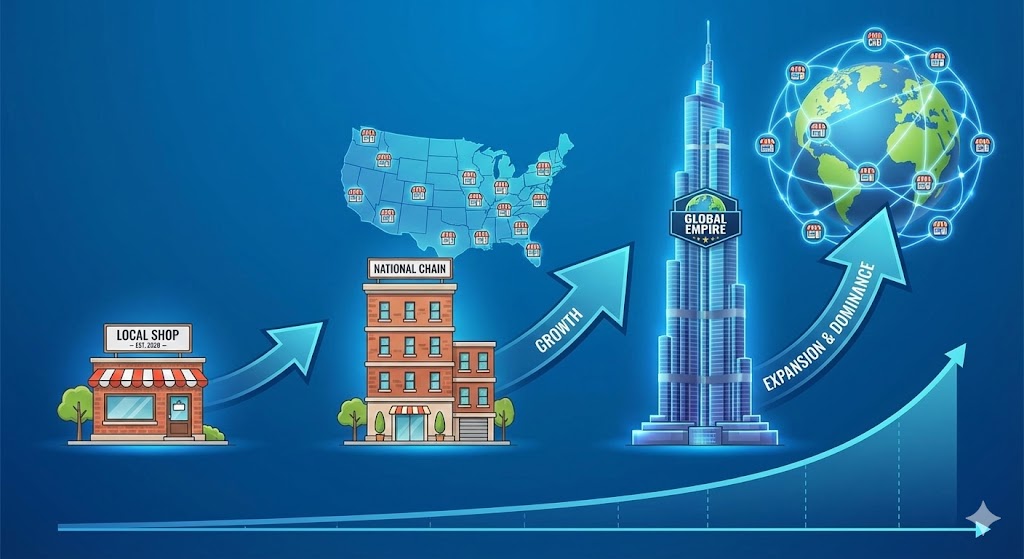 작은 가게에서 시작해 전 세계로, 우주로 뻗어나가는 기업의 성장 과정을 보여주는 단계별 인포그래픽