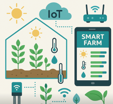 IoT 센서와 스마트폰 앱으로 온실 내부의 환경을 관리하는 스마트팜 일러스트