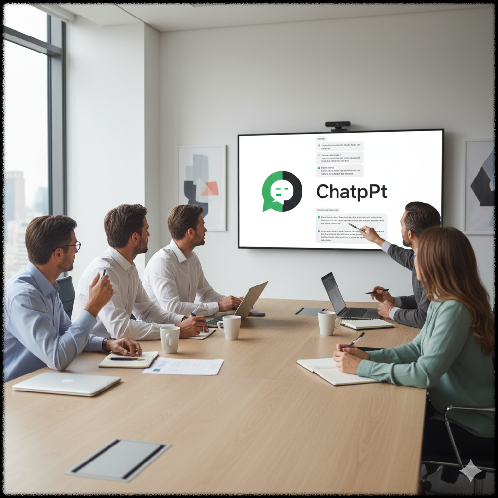 회의실에서 팀원들이 ChatGPT 화면을 보며 논의하는 모습