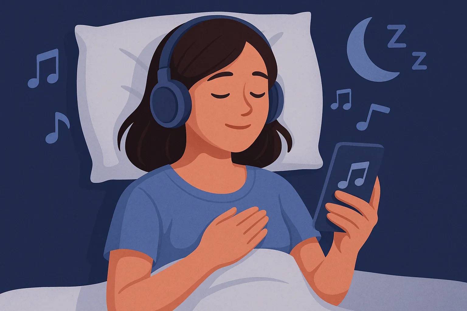 헤드폰을-끼고-음악을-들으며-평온하게-잠드는-여성의-모습-음악-감상이-긴장을-완화하고-불면증-완화에-도움이-되는-원리를-표현한-장면
