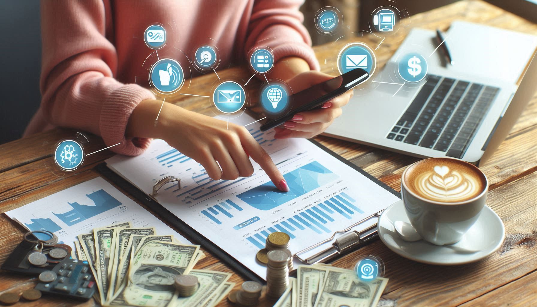 &quot;A young person tracking expenses on a smartphone with financial apps displayed&quot;