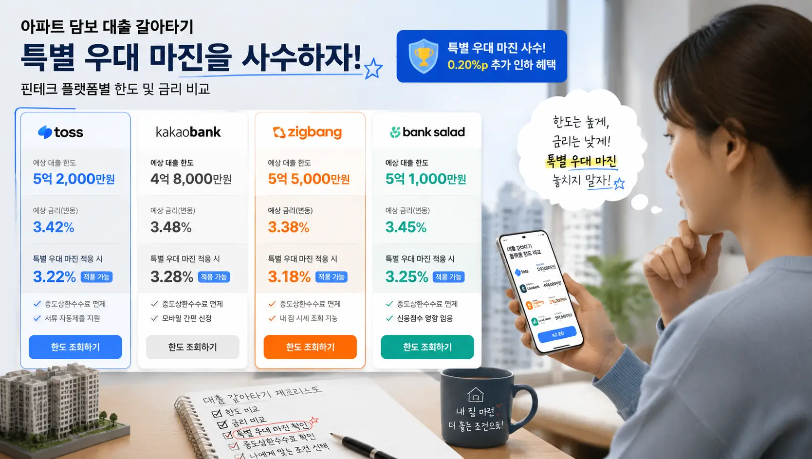 아파트 담보 대출 갈아 타기 특별 우대 마진을 사수하기 위해 핀테크 플랫폼 한도를 비교하는 모습