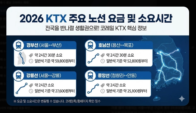 주요 노선 요금(고속버스, KTX, SRT)(2026년 + 전략)