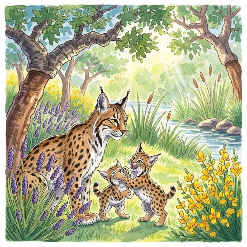 어미와 새끼 시라소니의 행복한 모습