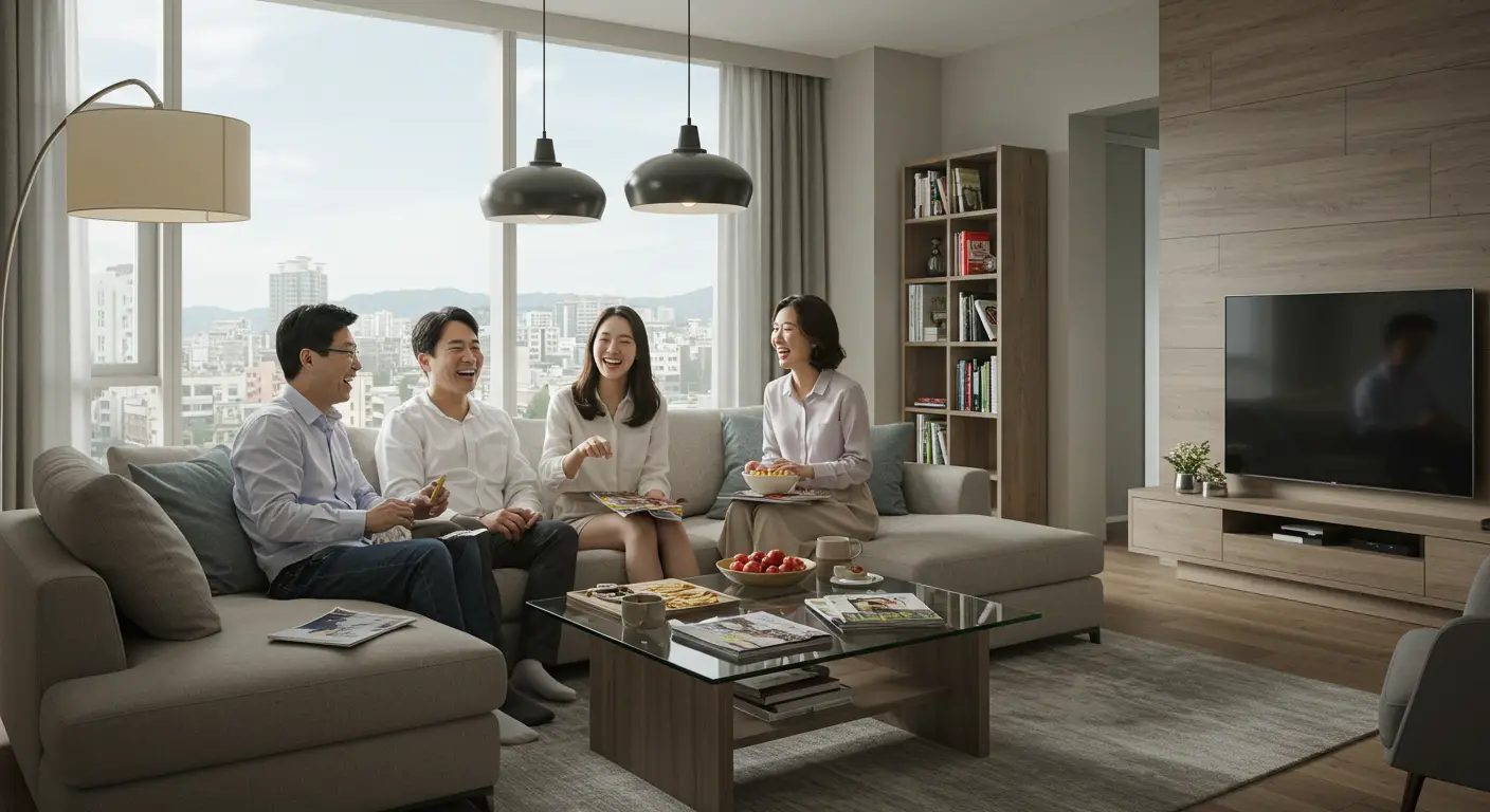 공공분양아파트 거실에서 웃는 가족의 모습이다. 테이블에는 과일이 놓여있고 티비도 보인다. 창밖에는 도심이 보인다.