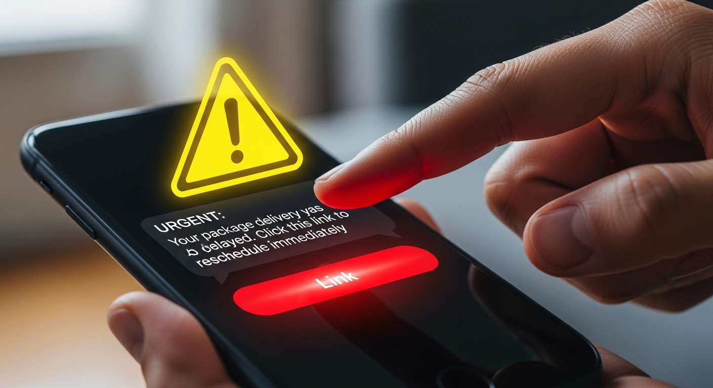 수상한 스미싱 문자 메시지 속 링크를 누르지 않고 망설이는 손.