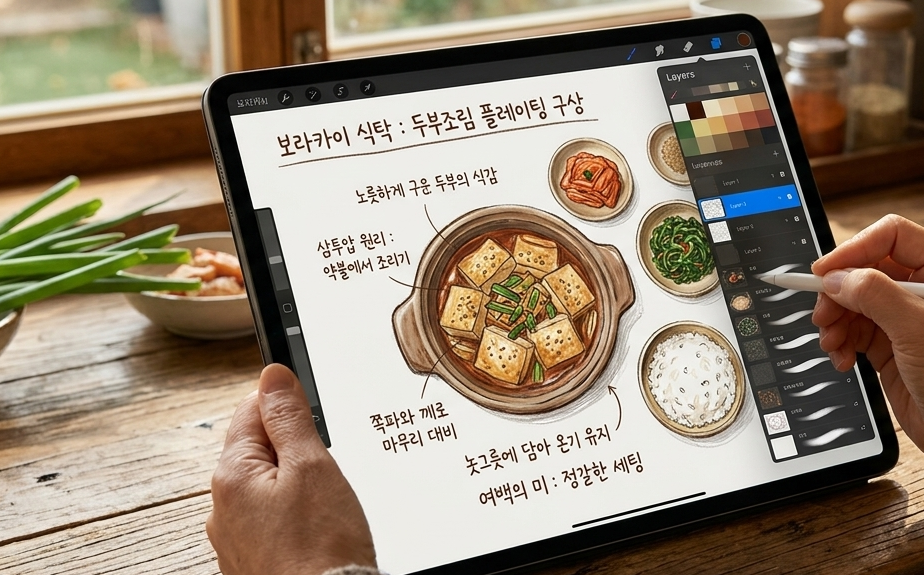 따뜻한 원목 테이블 위에서 한 여성의 손이 아이패드에 스타일러스 펜을 사용하여 두부조림 플레이팅을 드로잉하고 있다. 태블릿 화면에는 뚝배기에 담긴 두부조림과 함께 밥, 김치, 나물 등 정갈한 한 상 차림이 일러스트로 그려져 있다. 화면 상단에는 '보라카이 식탁: 두부조림 플레이팅 구상'이라는 제목과 함께 '노릇하게 구운 두부의 식감', '삼투압 원리: 약불에서 조리기', '쪽파와 깨로 마무리 대비', '놋그릇에 담아 온기 유지', '여백의 미: 정갈한 세팅' 등 요리의 핵심 조리법과 플레이팅 의도가 메모되어 있다. 우측에는 프로크리에이트(Procreate) 앱의 레이어 패널이 보이며, 전체적으로 감성적이고 정성스러운 요리 준비 과정을 보여준다.