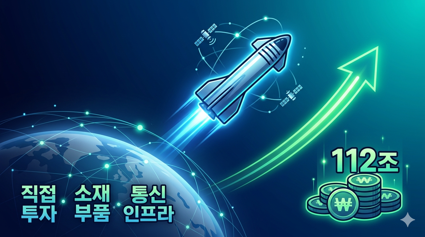 스페이스X의 750억 달러 규모 기업공개(IPO) 임박에 따른 국내 항공우주 및 통신 인프라 관련 수혜 종목 TOP 10 분석 그래픽. 지구를 배경으로 세련된 로켓이 저궤도 위성 통신망과 연결되며 힘차게 발사되고 있으며, 그 옆으로 강력한 우상향 녹색 화살표가 펀더멘털 기반의 지속적인 주가 랠리와 '112조 원' 가치 상승 모멘텀을 직관적으로 보여주고 있다.