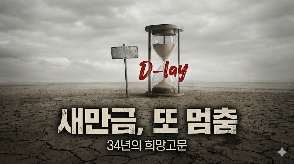 개발이 지연되고 있는 새만금 간척지의 황량한 풍경과 모래시계 일러스트