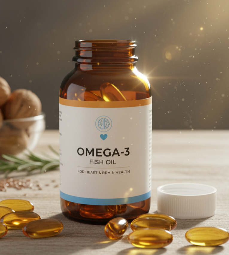 오메가3 피쉬오일 캡슐과 호두&amp;#44; 아마씨가 함께 놓인 모습